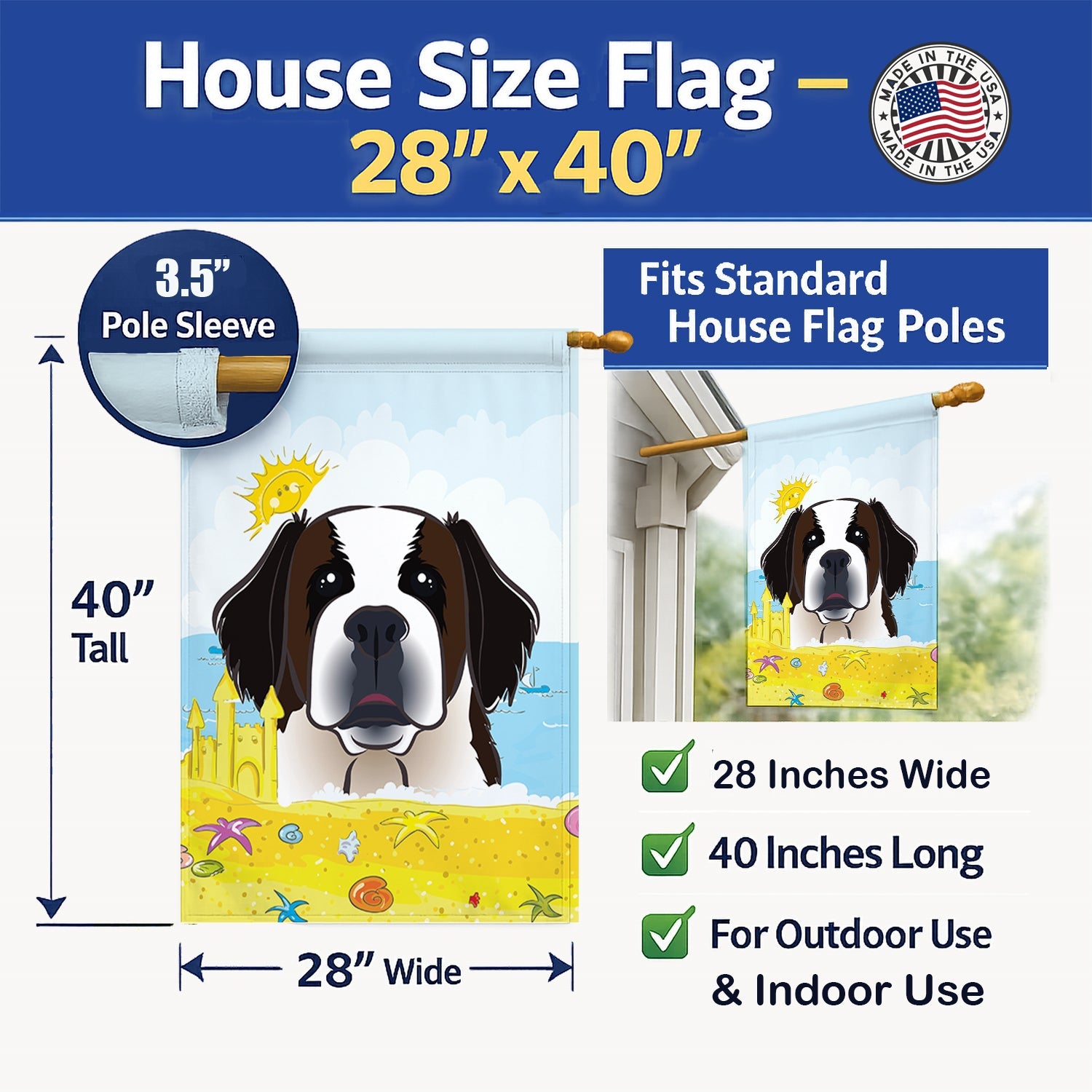 Saint Bernard Summer Beach House Flag 28x40 Porch Sleeve Pole Decorative Outside Yard Banner Artwork Wall Hanging, Polyester