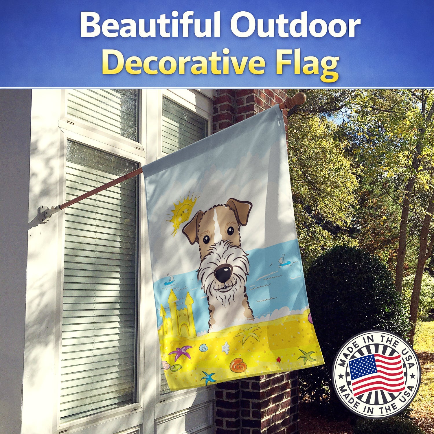 Wire Haired Fox Terrier Summer Beach House Flag 28x40 Porch Sleeve Pole Decorative Outside Yard Banner Artwork Wall Hanging, Polyester