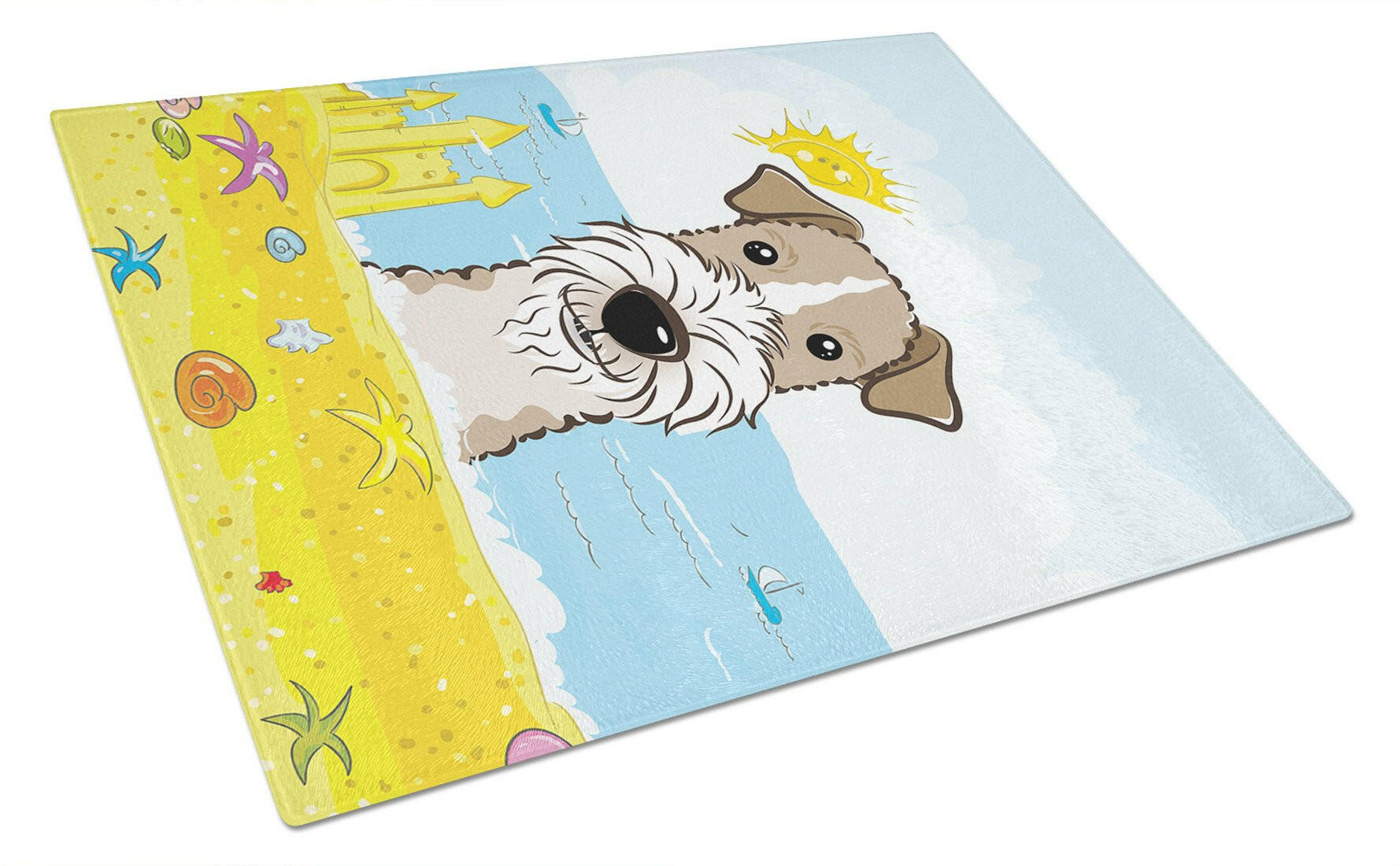 Wire Haired Fox Terrier Summer Beach Cutting Board Tempered Glass Kitchen Cutting Surface, Heat Resistant Chopping, Non-Slip Feet, Food Prep & Serving