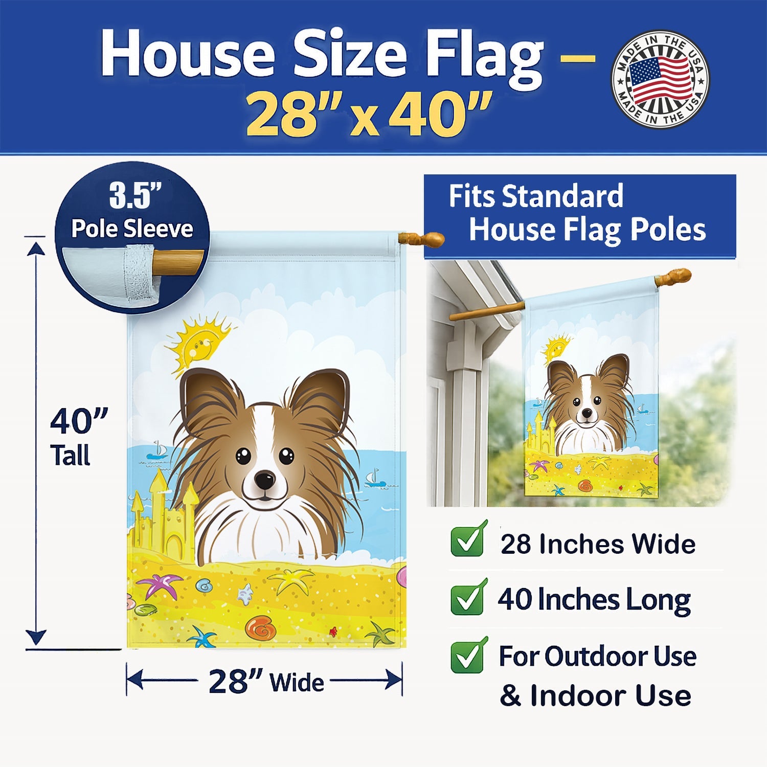 Papillon Summer Beach House Flag 28x40 Porch Sleeve Pole Decorative Outside Yard Banner Artwork Wall Hanging, Polyester