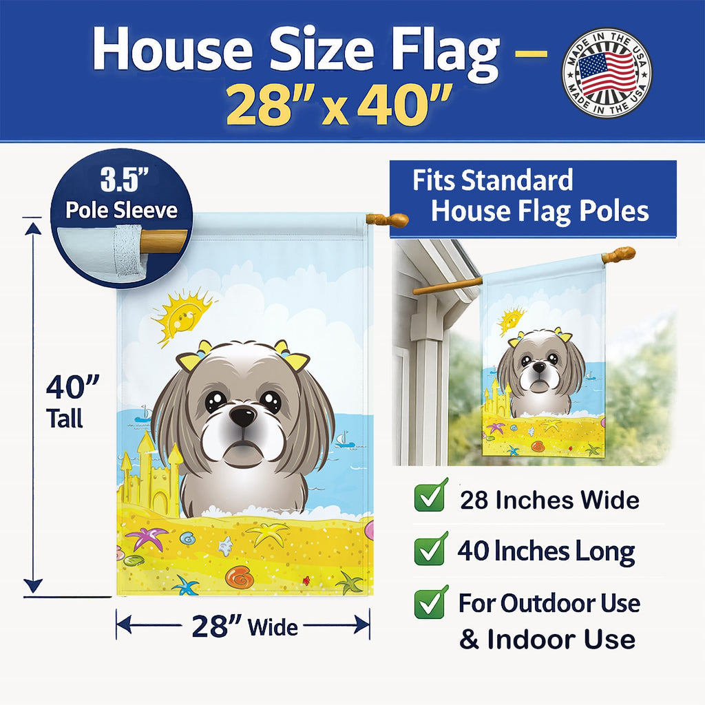 Gray Silver Shih Tzu Summer Beach House Flag 28x40 Porch Sleeve Pole Decorative Outside Yard Banner Artwork Wall Hanging, Polyester