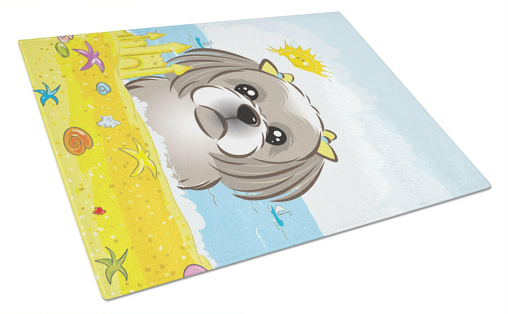 Gray Silver Shih Tzu Summer Beach Cutting Board Tempered Glass Kitchen Cutting Surface, Heat Resistant Chopping, Non-Slip Feet, Food Prep & Serving