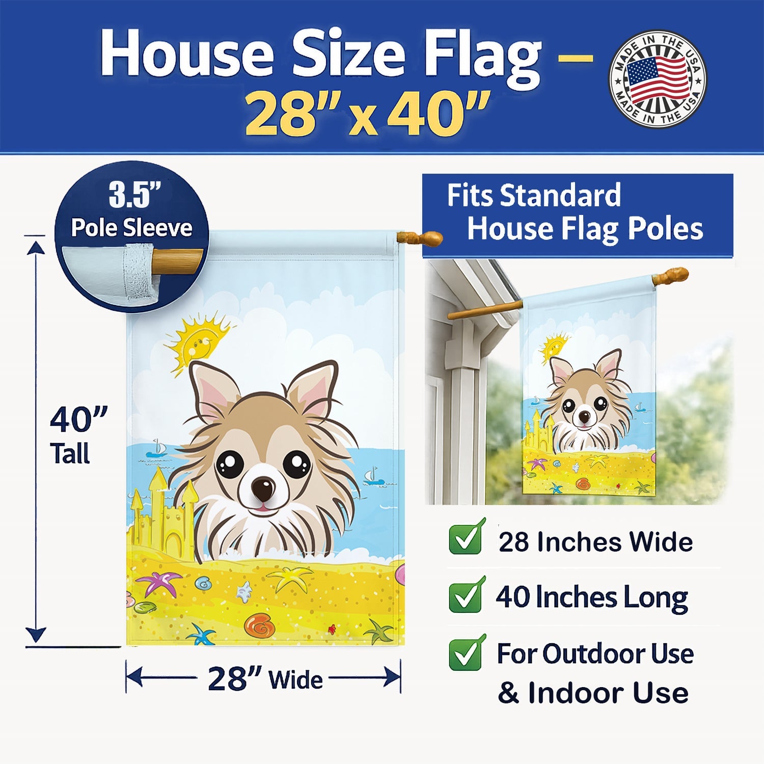 Chihuahua Summer Beach House Flag 28x40 Porch Sleeve Pole Decorative Outside Yard Banner Artwork Wall Hanging, Polyester