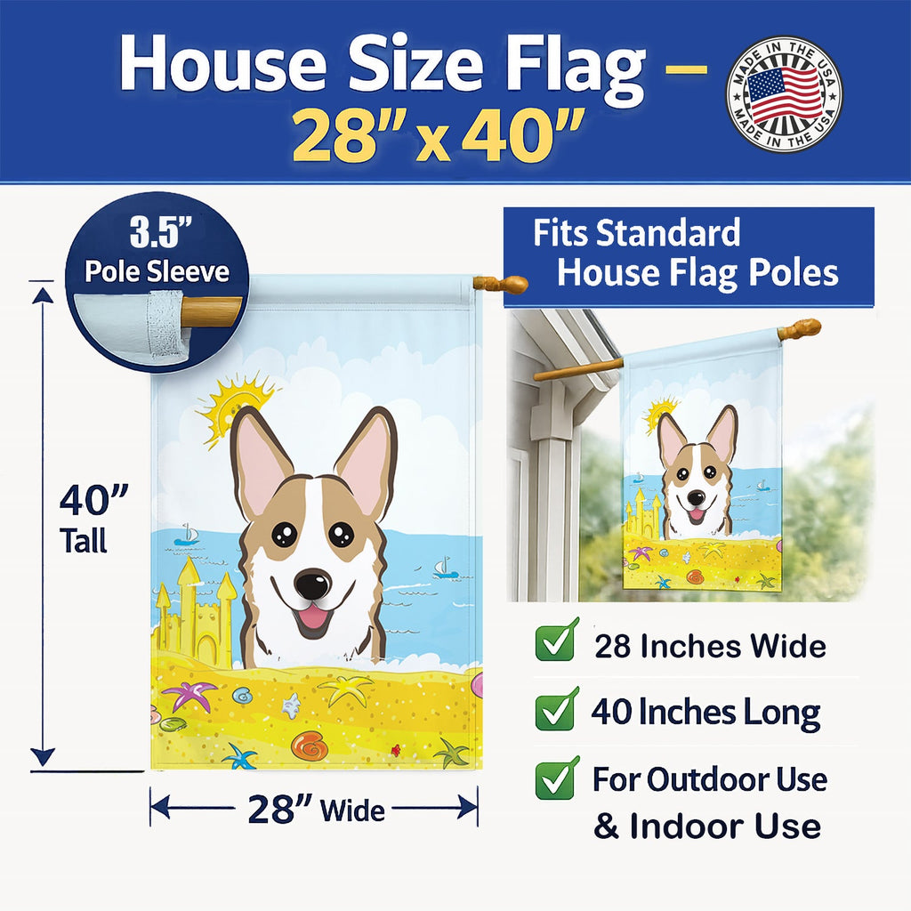 Sable Corgi Summer Beach House Flag 28x40 Porch Sleeve Pole Decorative Outside Yard Banner Artwork Wall Hanging, Polyester