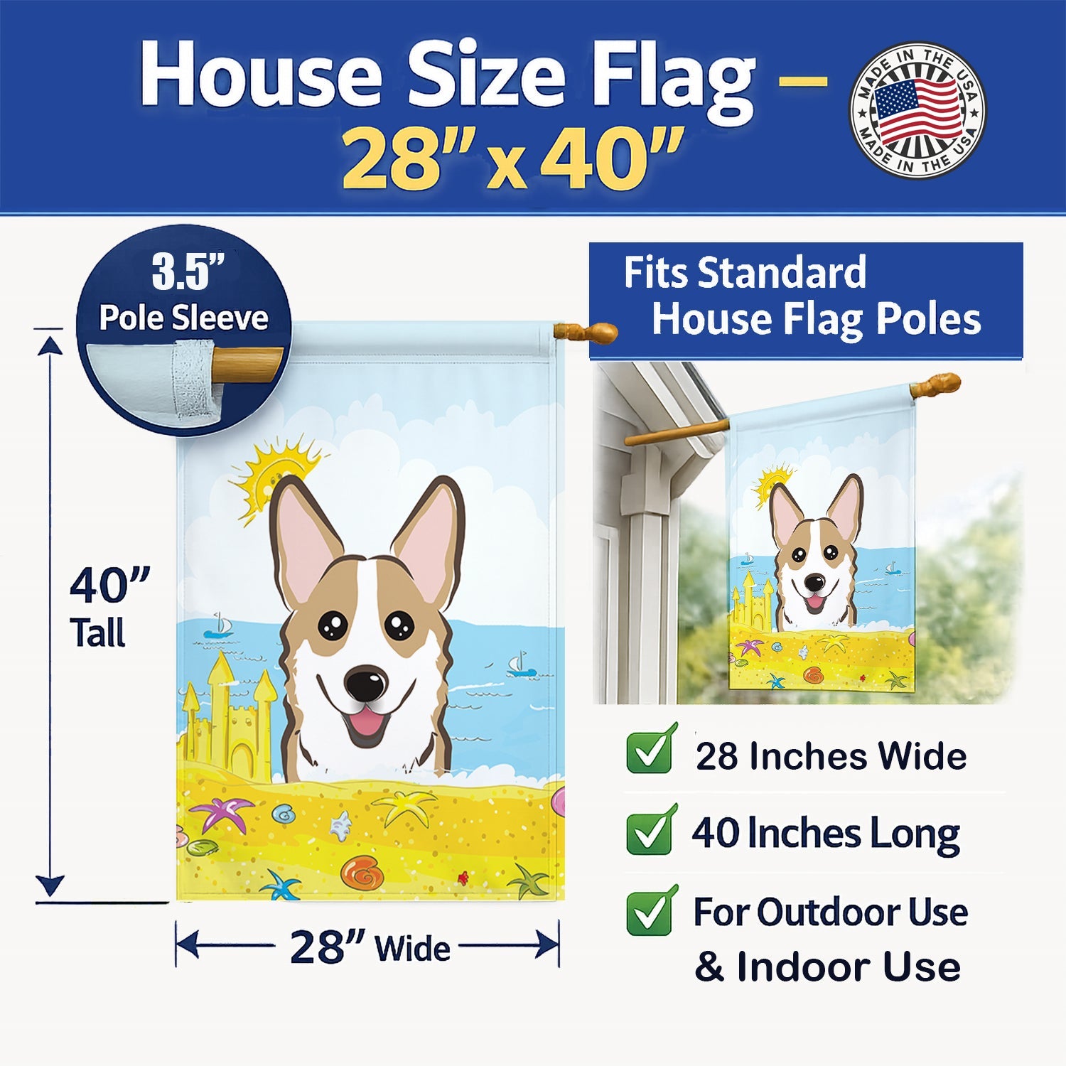 Sable Corgi Summer Beach House Flag 28x40 Porch Sleeve Pole Decorative Outside Yard Banner Artwork Wall Hanging, Polyester