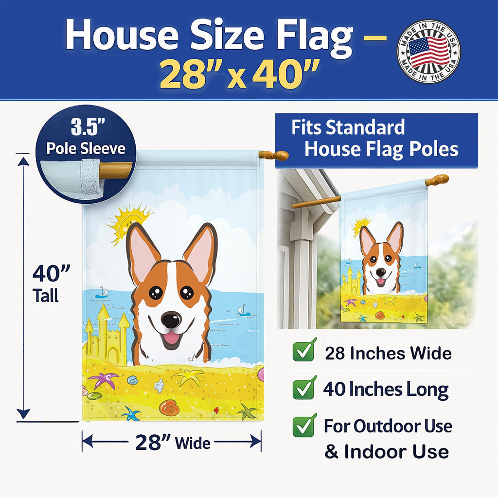 Red Corgi Summer Beach House Flag 28x40 Porch Sleeve Pole Decorative Outside Yard Banner Artwork Wall Hanging, Polyester