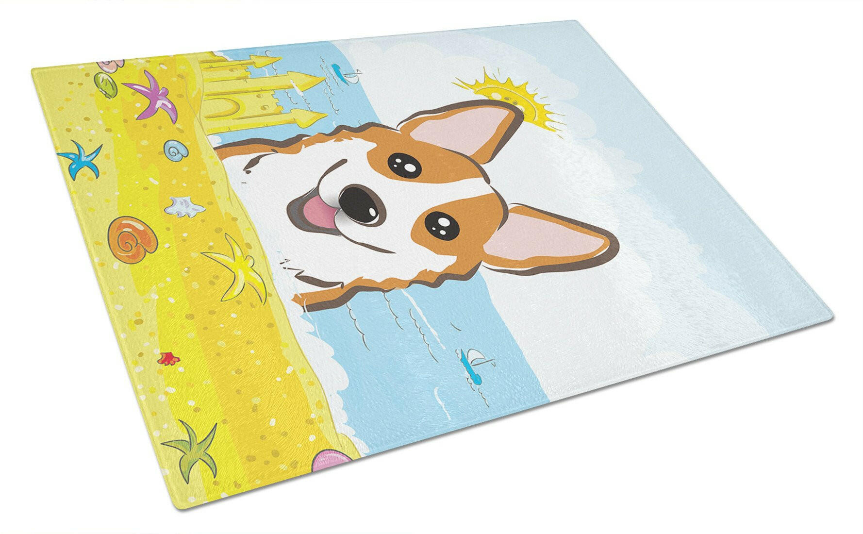 Red Corgi Summer Beach Cutting Board Tempered Glass Kitchen Cutting Surface, Heat Resistant Chopping, Non-Slip Feet, Food Prep & Serving