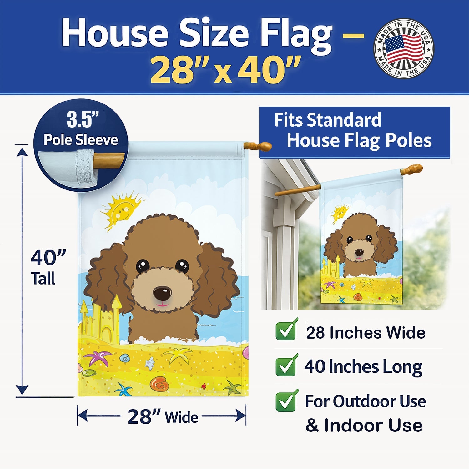 Chocolate Brown Poodle Summer Beach House Flag 28x40 Porch Sleeve Pole Decorative Outside Yard Banner Artwork Wall Hanging, Polyester