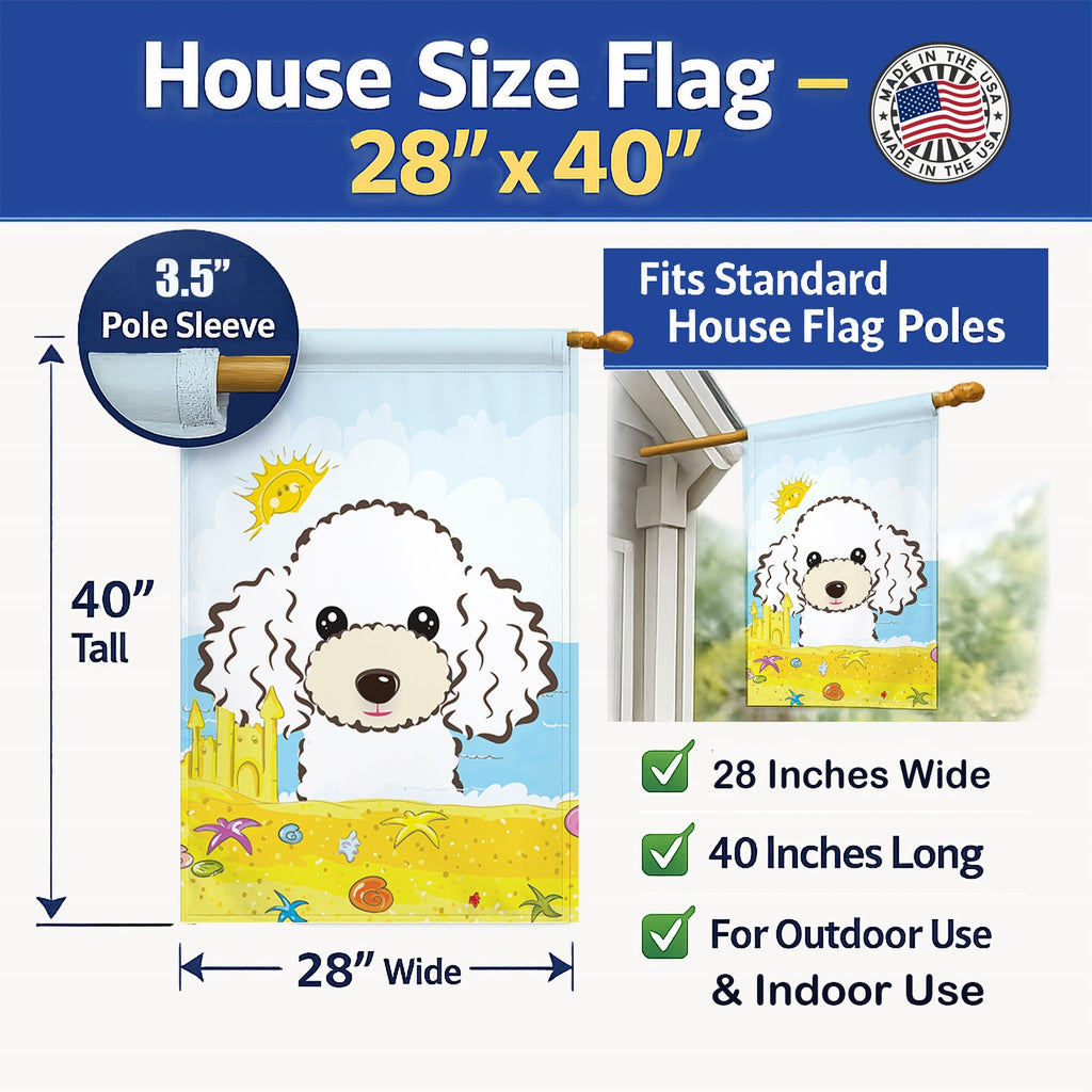 White Poodle Summer Beach House Flag 28x40 Porch Sleeve Pole Decorative Outside Yard Banner Artwork Wall Hanging, Polyester