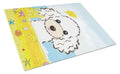 White Poodle Summer Beach Cutting Board Tempered Glass Kitchen Cutting Surface, Heat Resistant Chopping, Non-Slip Feet, Food Prep & Serving
