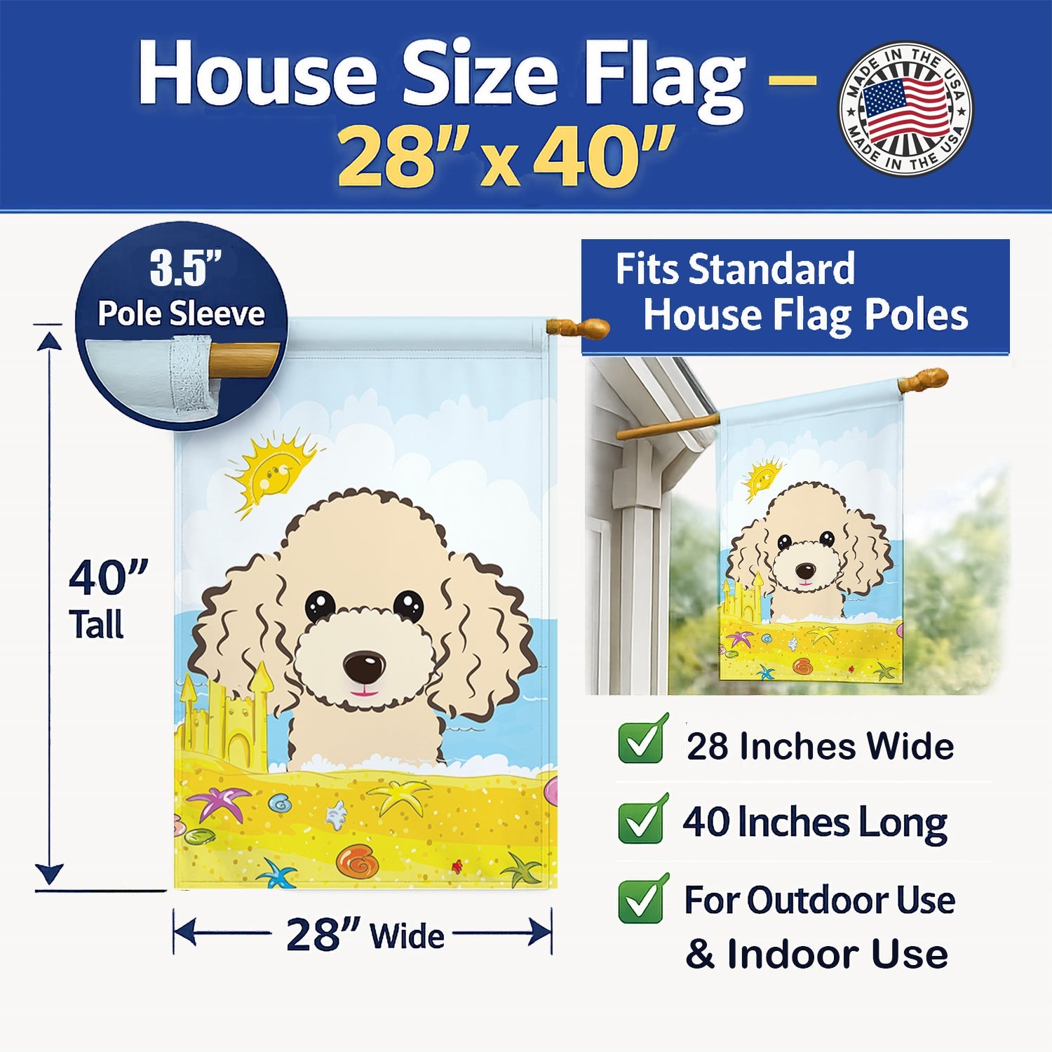 Buff Poodle Summer Beach House Flag 28x40 Porch Sleeve Pole Decorative Outside Yard Banner Artwork Wall Hanging, Polyester