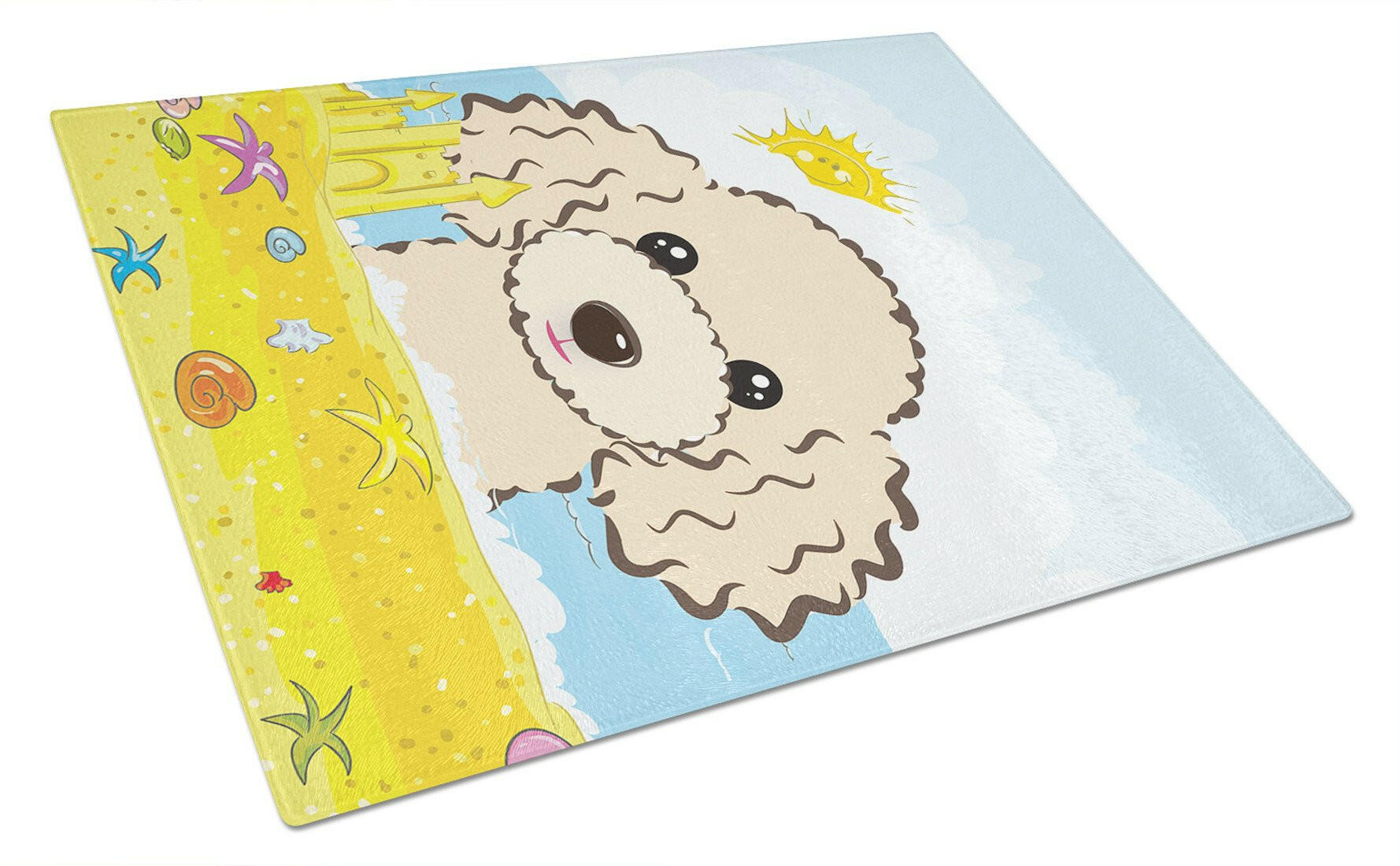 Buff Poodle Summer Beach Cutting Board Tempered Glass Kitchen Cutting Surface, Heat Resistant Chopping, Non-Slip Feet, Food Prep & Serving