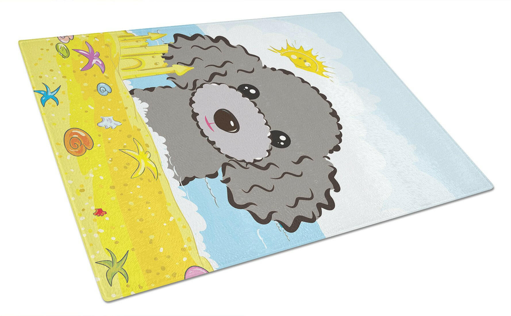 Silver Gray Poodle Summer Beach Cutting Board Tempered Glass Kitchen Cutting Surface, Heat Resistant Chopping, Non-Slip Feet, Food Prep & Serving