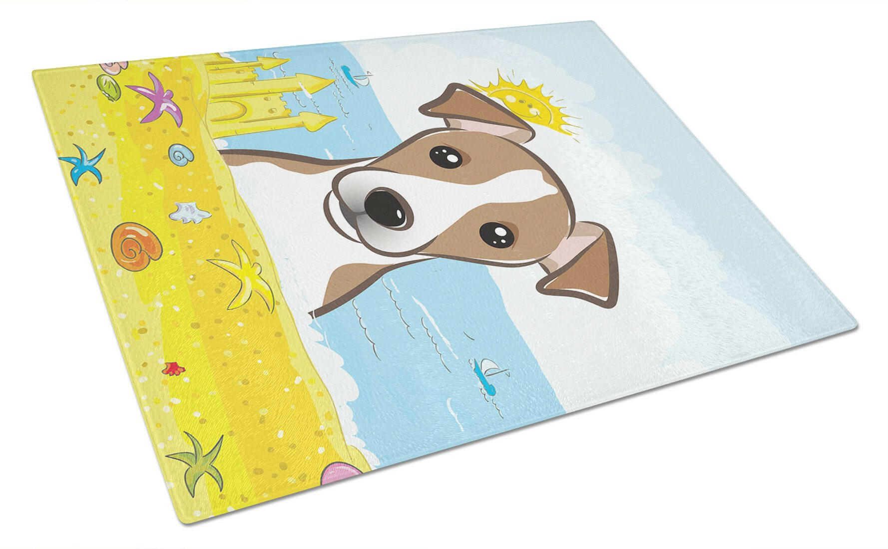 Jack Russell Terrier Summer Beach Cutting Board Tempered Glass Kitchen Cutting Surface, Heat Resistant Chopping, Non-Slip Feet, Food Prep & Serving