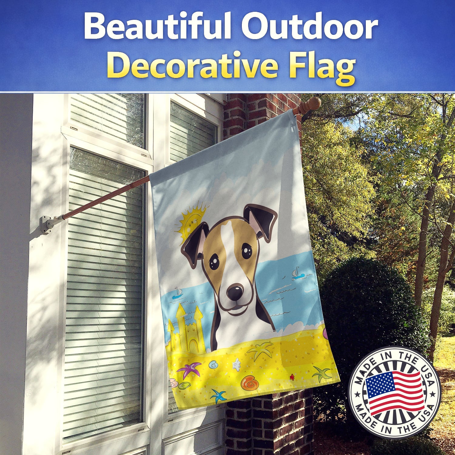 Jack Russell Terrier Summer Beach House Flag 28x40 Porch Sleeve Pole Decorative Outside Yard Banner Artwork Wall Hanging, Polyester