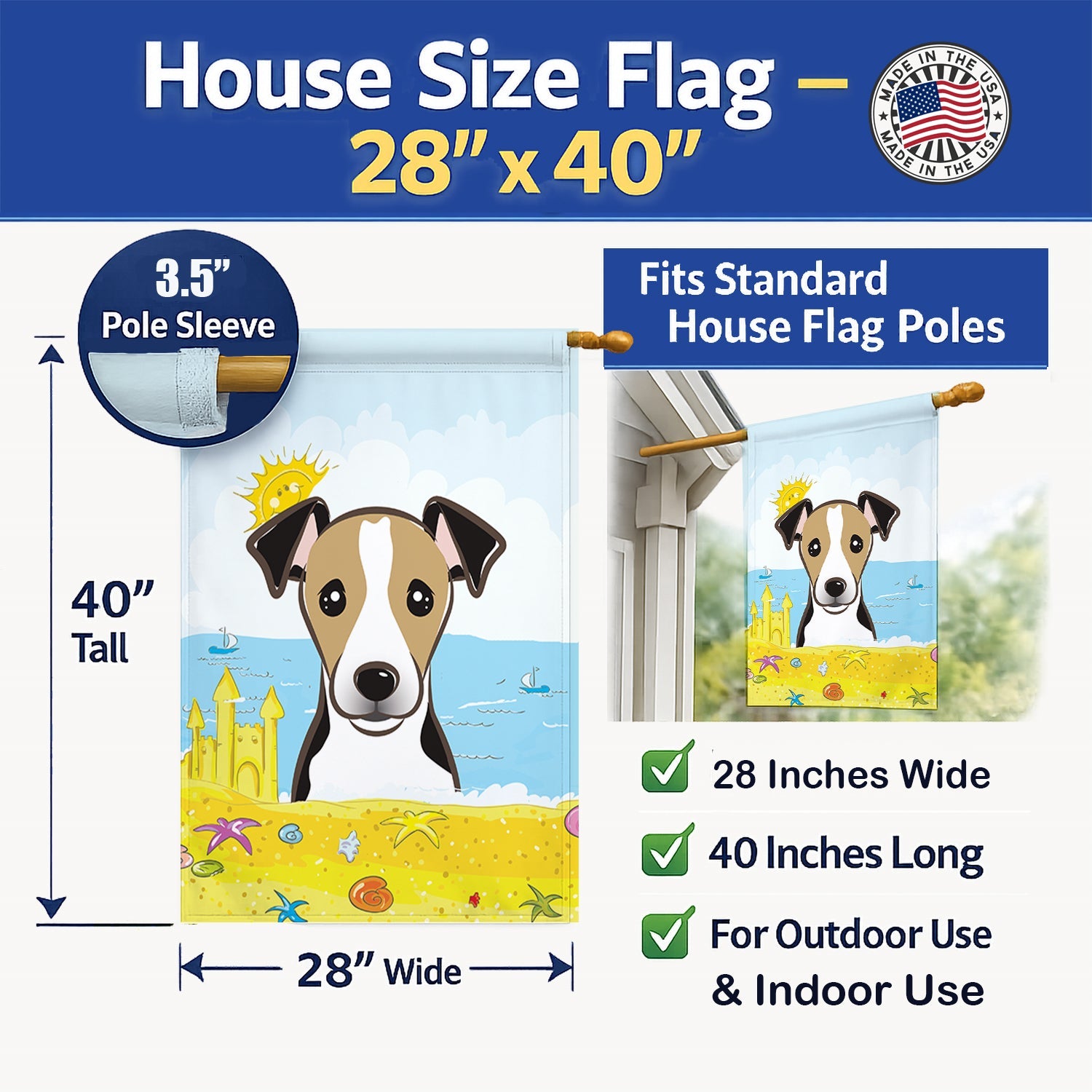 Jack Russell Terrier Summer Beach House Flag 28x40 Porch Sleeve Pole Decorative Outside Yard Banner Artwork Wall Hanging, Polyester