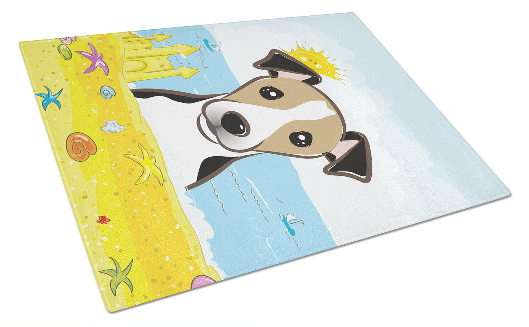 Jack Russell Terrier Summer Beach Cutting Board Tempered Glass Kitchen Cutting Surface, Heat Resistant Chopping, Non-Slip Feet, Food Prep & Serving