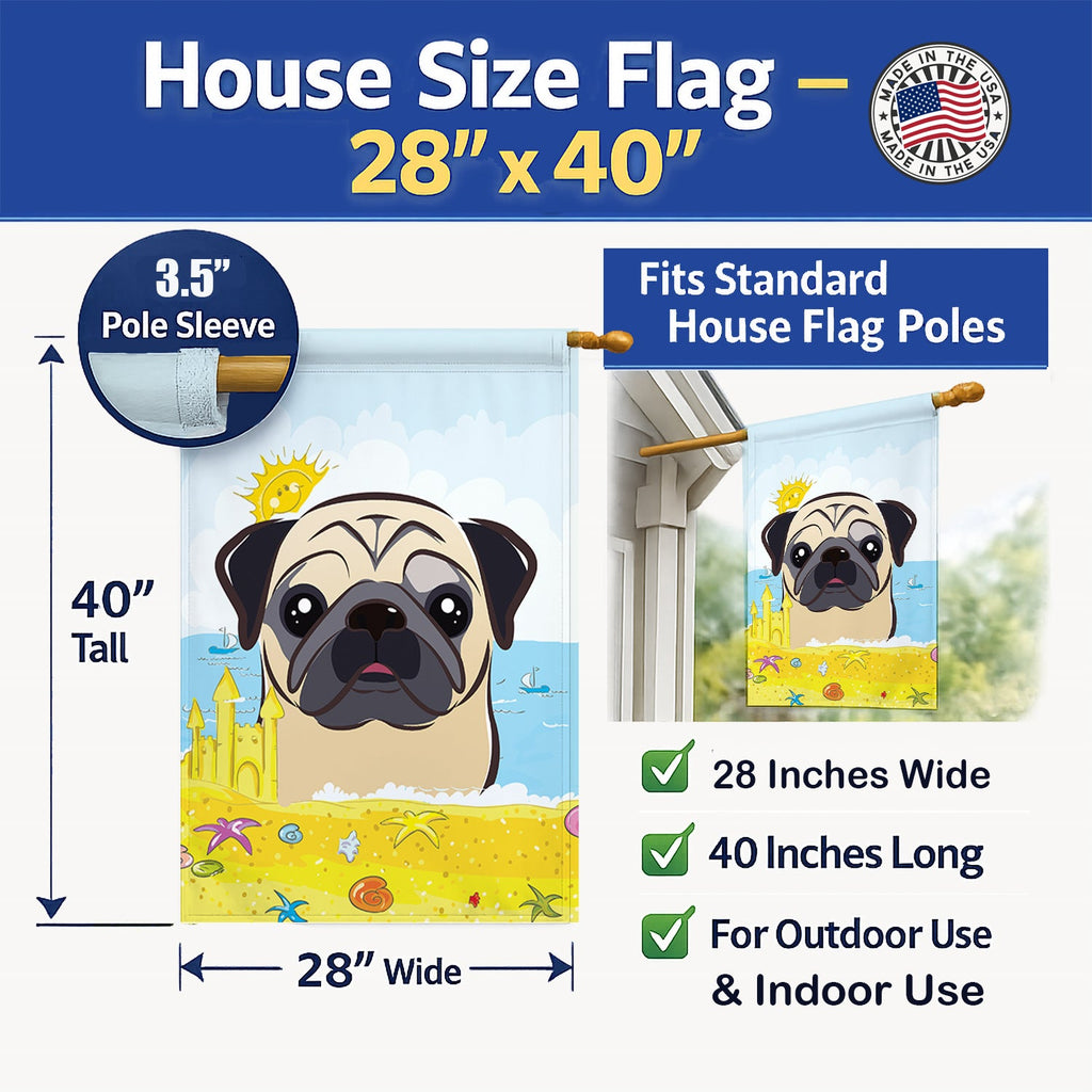 Fawn Pug Summer Beach House Flag 28x40 Porch Sleeve Pole Decorative Outside Yard Banner Artwork Wall Hanging, Polyester