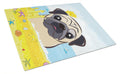 Fawn Pug Summer Beach Cutting Board Tempered Glass Kitchen Cutting Surface, Heat Resistant Chopping, Non-Slip Feet, Food Prep & Serving