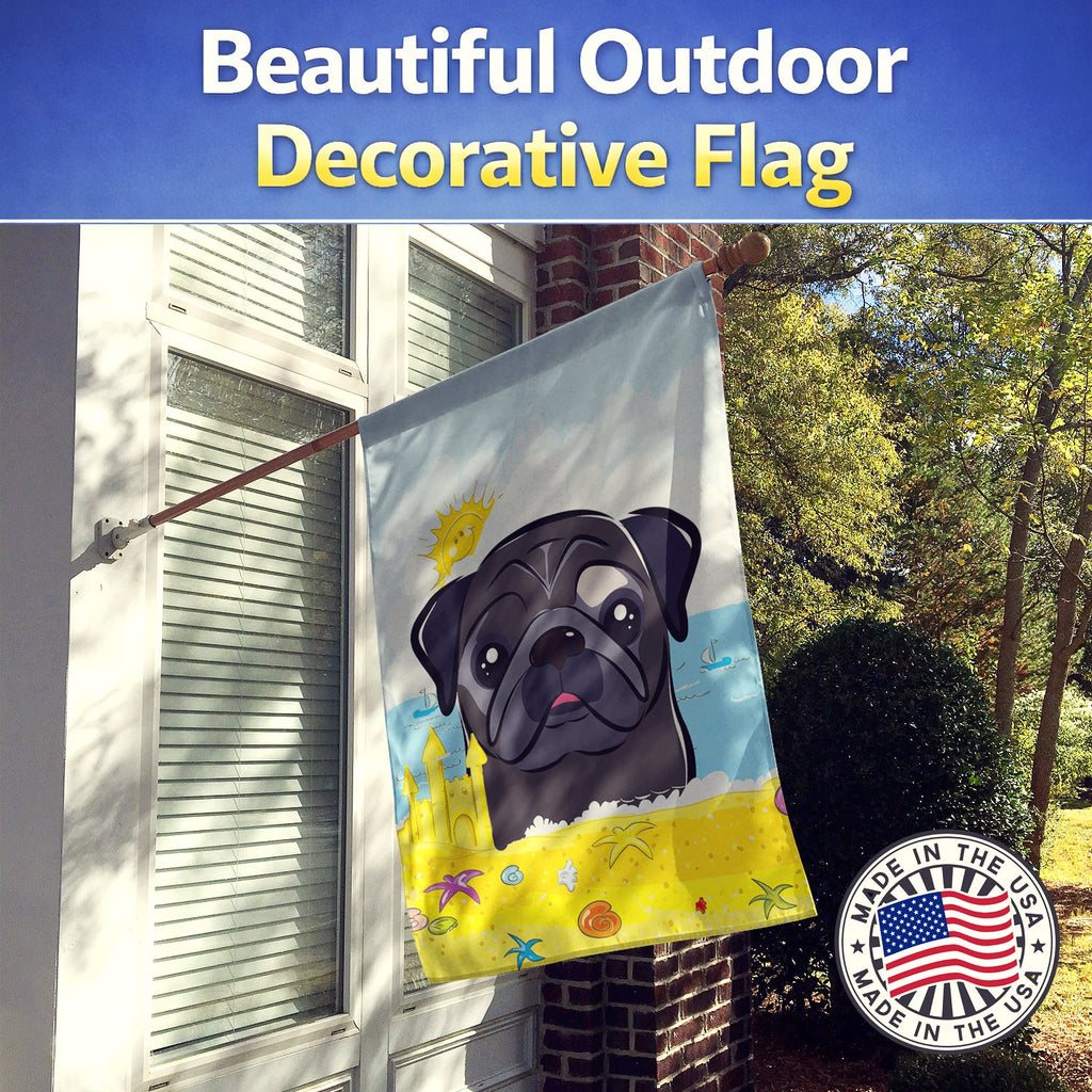 Black Pug Summer Beach House Flag 28x40 Porch Sleeve Pole Decorative Outside Yard Banner Artwork Wall Hanging, Polyester