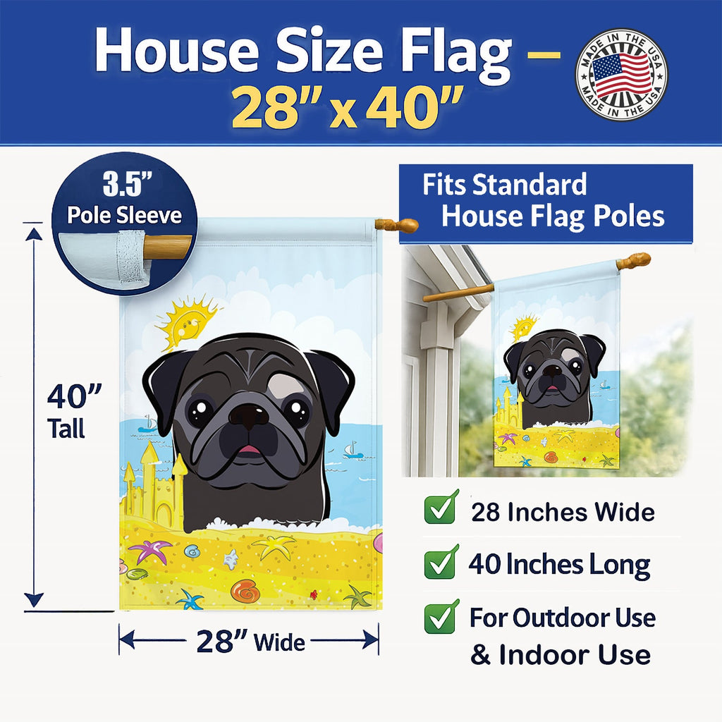 Black Pug Summer Beach House Flag 28x40 Porch Sleeve Pole Decorative Outside Yard Banner Artwork Wall Hanging, Polyester