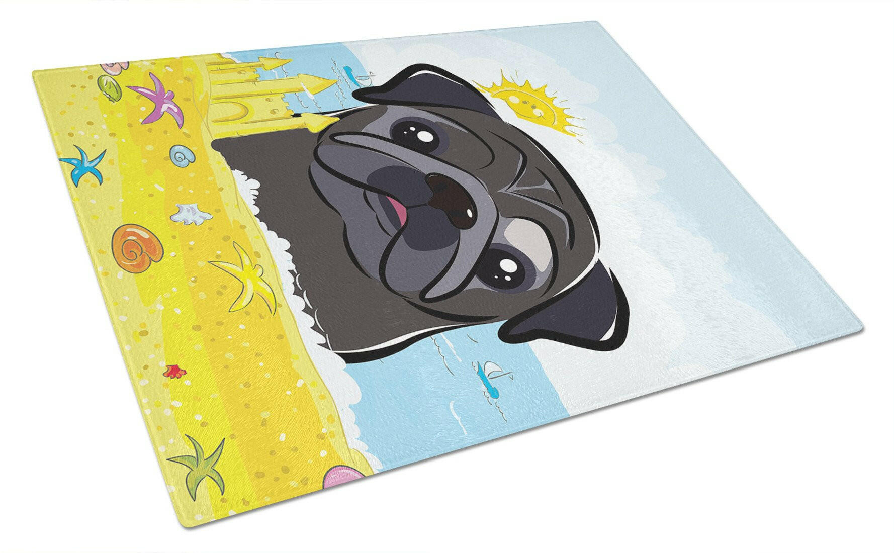 Black Pug Summer Beach Cutting Board Tempered Glass Kitchen Cutting Surface, Heat Resistant Chopping, Non-Slip Feet, Food Prep & Serving