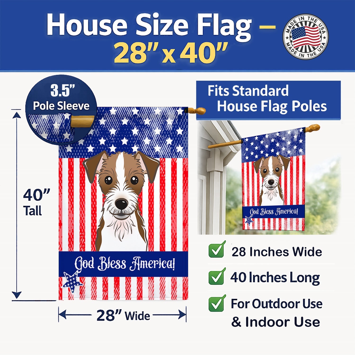American Flag and Jack Russell Terrier House Flag 28x40 Porch Sleeve Pole Decorative Outside Yard Banner Artwork Wall Hanging, Polyester