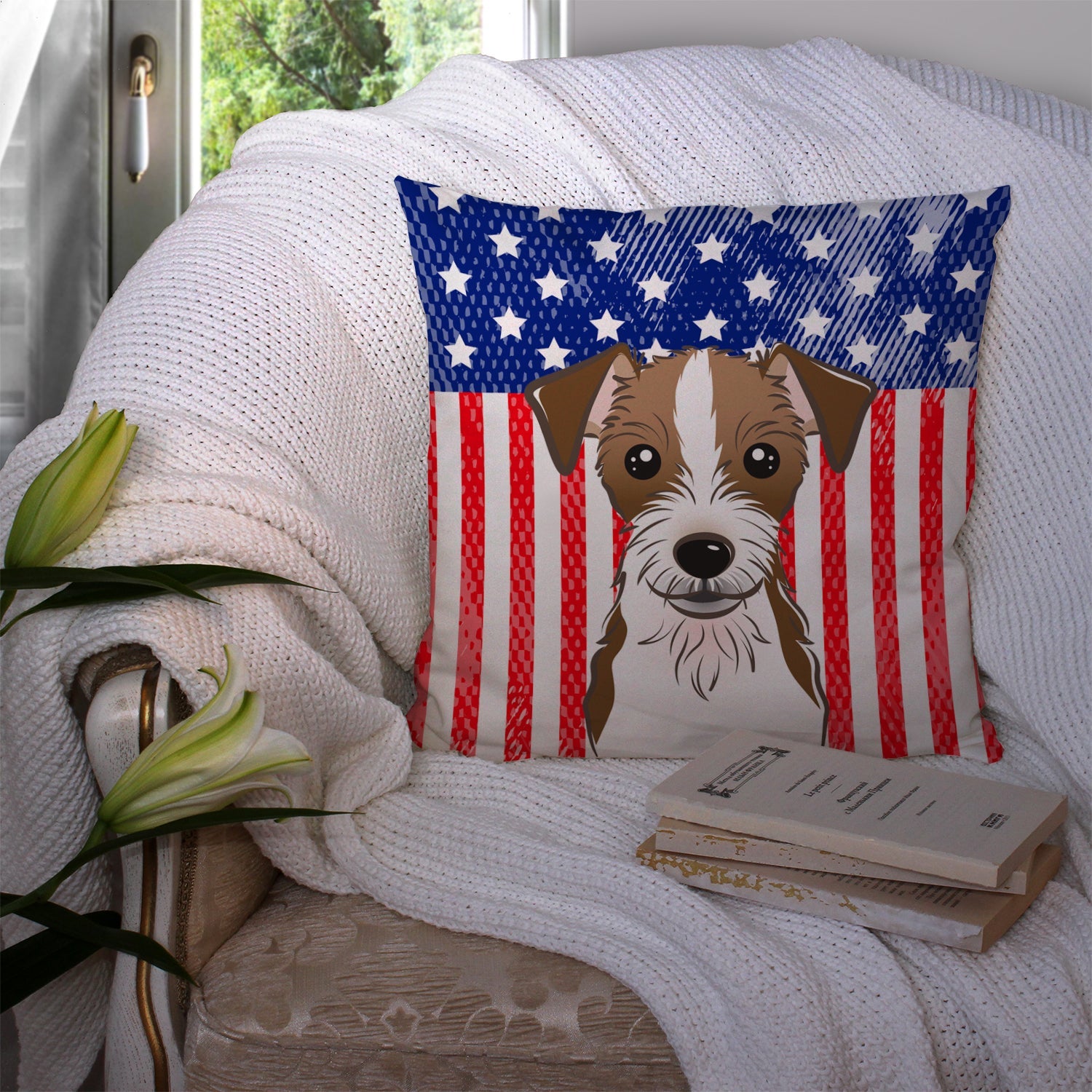American Flag and Jack Russell Terrier Decorative Throw Pillow 14x14 Indoor Outdoor Accent Cushion, Fabric Cover with Insert for Sofa, Bed, Porch & Living Room