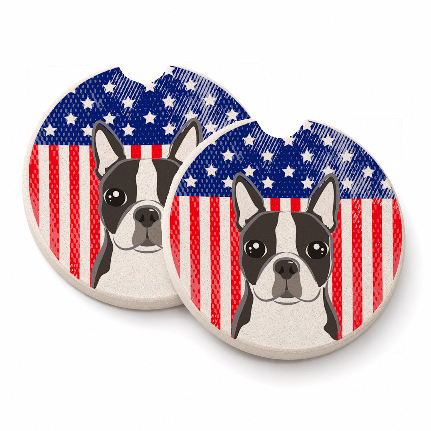 American Flag and Boston Terrier Set of 2 Cup Holder Car Coasters Absorbent Round Sandstone Coasters Gifts for Men or Women, 2.5, Multicolor