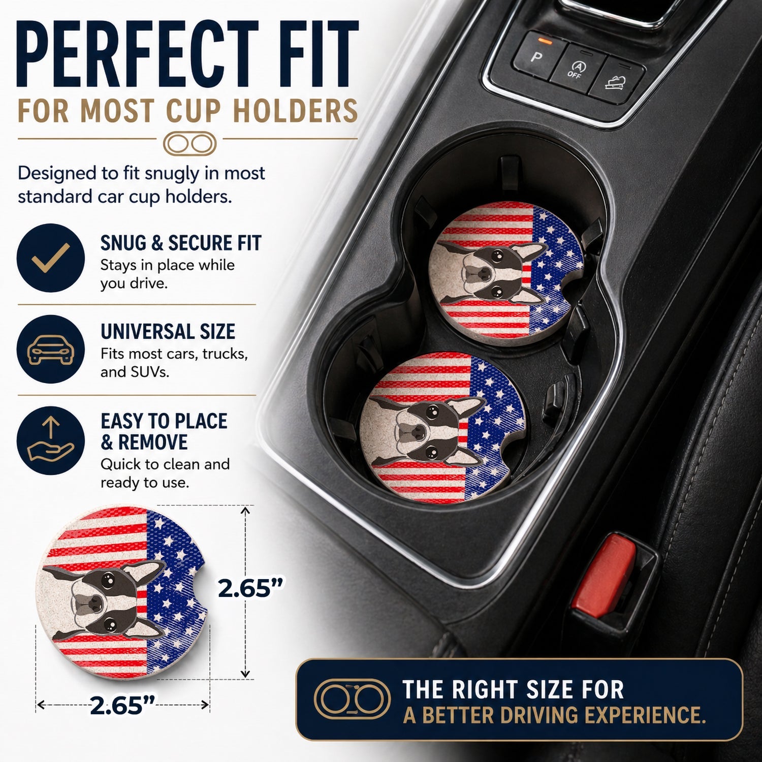 American Flag and Boston Terrier Set of 2 Cup Holder Car Coasters Absorbent Round Sandstone Coasters Gifts for Men or Women, 2.5, Multicolor