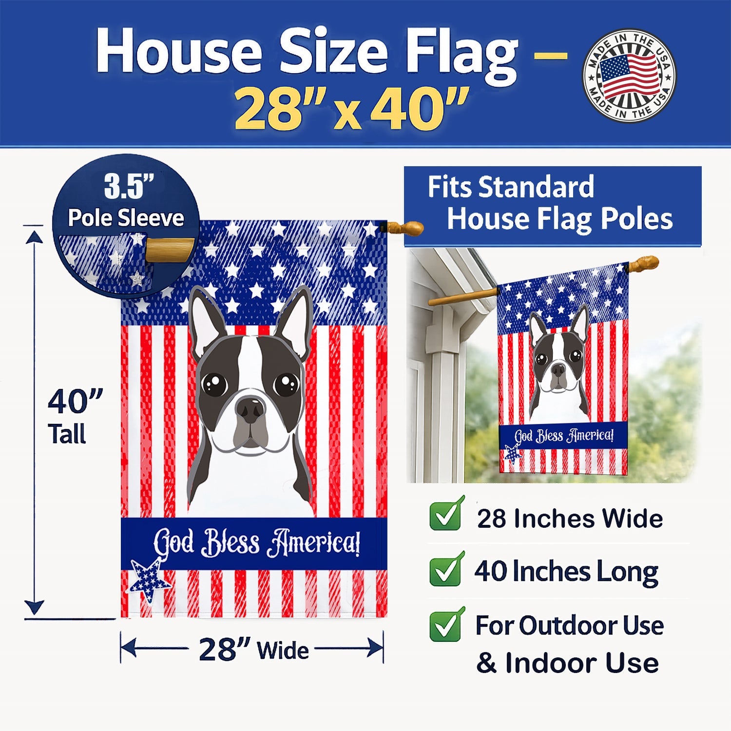 American Flag and Boston Terrier House Flag 28x40 Porch Sleeve Pole Decorative Outside Yard Banner Artwork Wall Hanging, Polyester