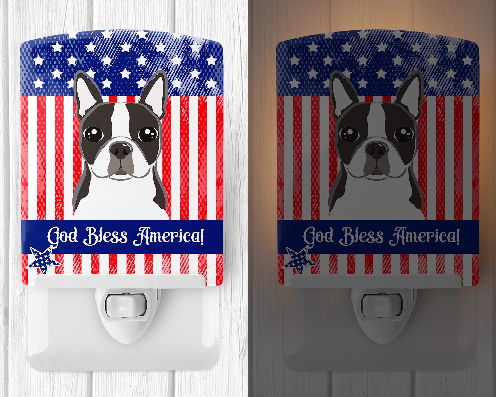 American Flag and Boston Terrier Ceramic Night Light Compact, UL-Certified, Ideal for Bedroom, Bathroom, Nursery, Hallway, Kitchen, 6x4x3, Multicolor