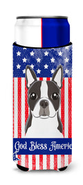 American Flag and Boston Terrier Slim Can Hugger , Insulated Foam Hugger for 12 oz Slim Cans, Beer Bottles & Water Bottles, Printed in USA