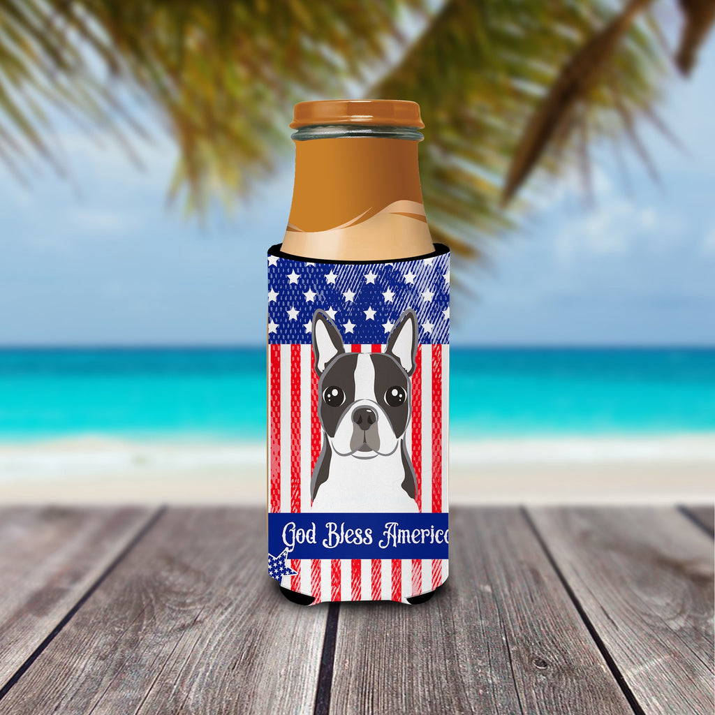 American Flag and Boston Terrier Slim Can Hugger , Insulated Foam Hugger for 12 oz Slim Cans, Beer Bottles & Water Bottles, Printed in USA