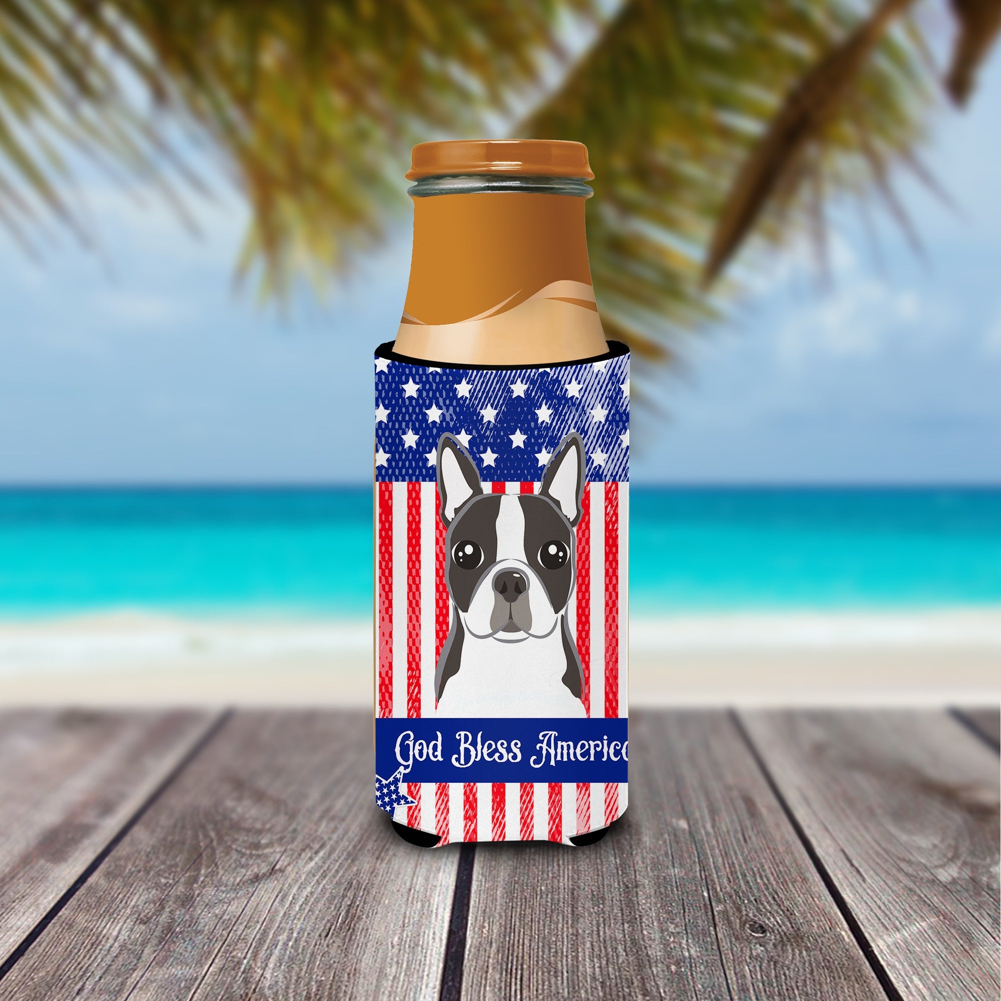 American Flag and Boston Terrier Slim Can Hugger , Insulated Foam Hugger for 12 oz Slim Cans, Beer Bottles & Water Bottles, Printed in USA
