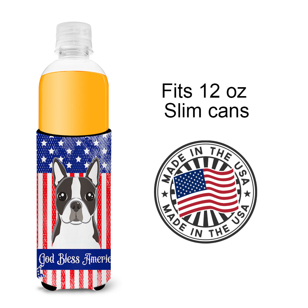 American Flag and Boston Terrier Slim Can Hugger , Insulated Foam Hugger for 12 oz Slim Cans, Beer Bottles & Water Bottles, Printed in USA