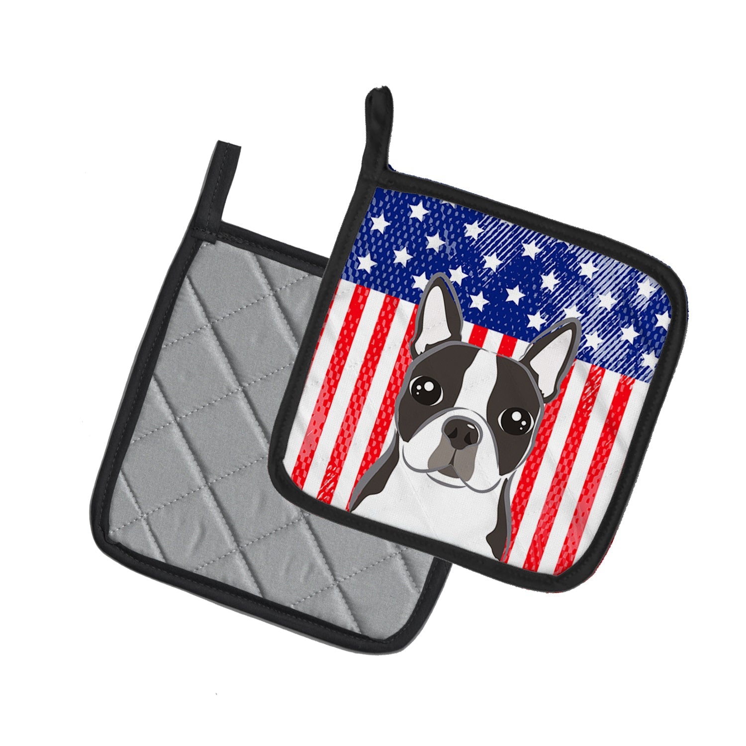 American Flag and Boston Terrier Pot Holder Set of 2 Heat Resistant Quilted Hot Pads 7.5 x 7.5 Inch, Insulated Kitchen Trivets for Cooking & Baking