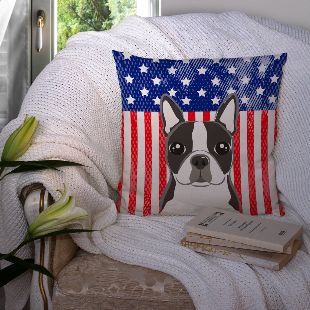 American Flag and Boston Terrier Decorative Throw Pillow 14x14 Indoor Outdoor Accent Cushion, Fabric Cover with Insert for Sofa, Bed, Porch & Living Room