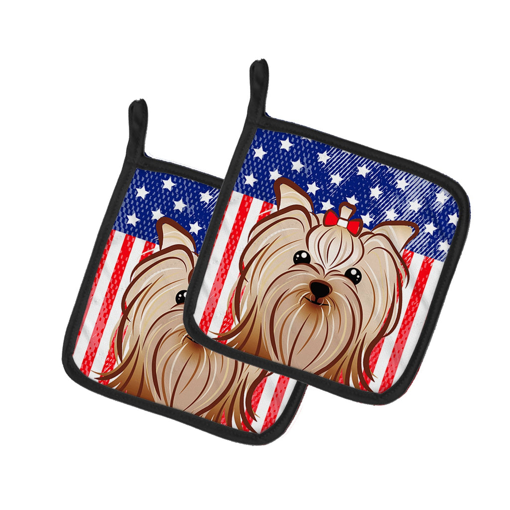 American Flag and Yorkie Yorkishire Terrier Pot Holder Set of 2 Heat Resistant Quilted Hot Pads 7.5 x 7.5 Inch, Insulated Kitchen Trivets for Cooking & Baking