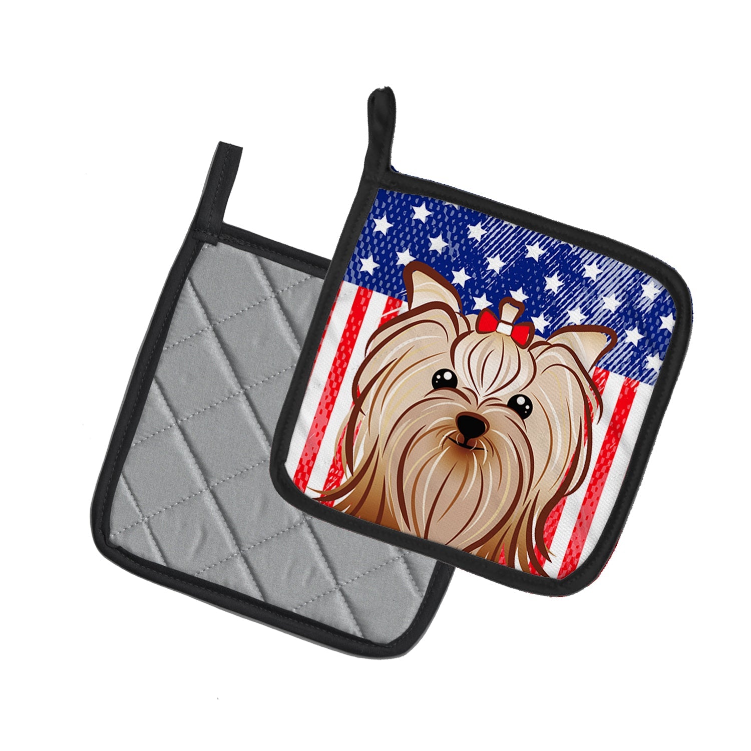 American Flag and Yorkie Yorkishire Terrier Pot Holder Set of 2 Heat Resistant Quilted Hot Pads 7.5 x 7.5 Inch, Insulated Kitchen Trivets for Cooking & Baking