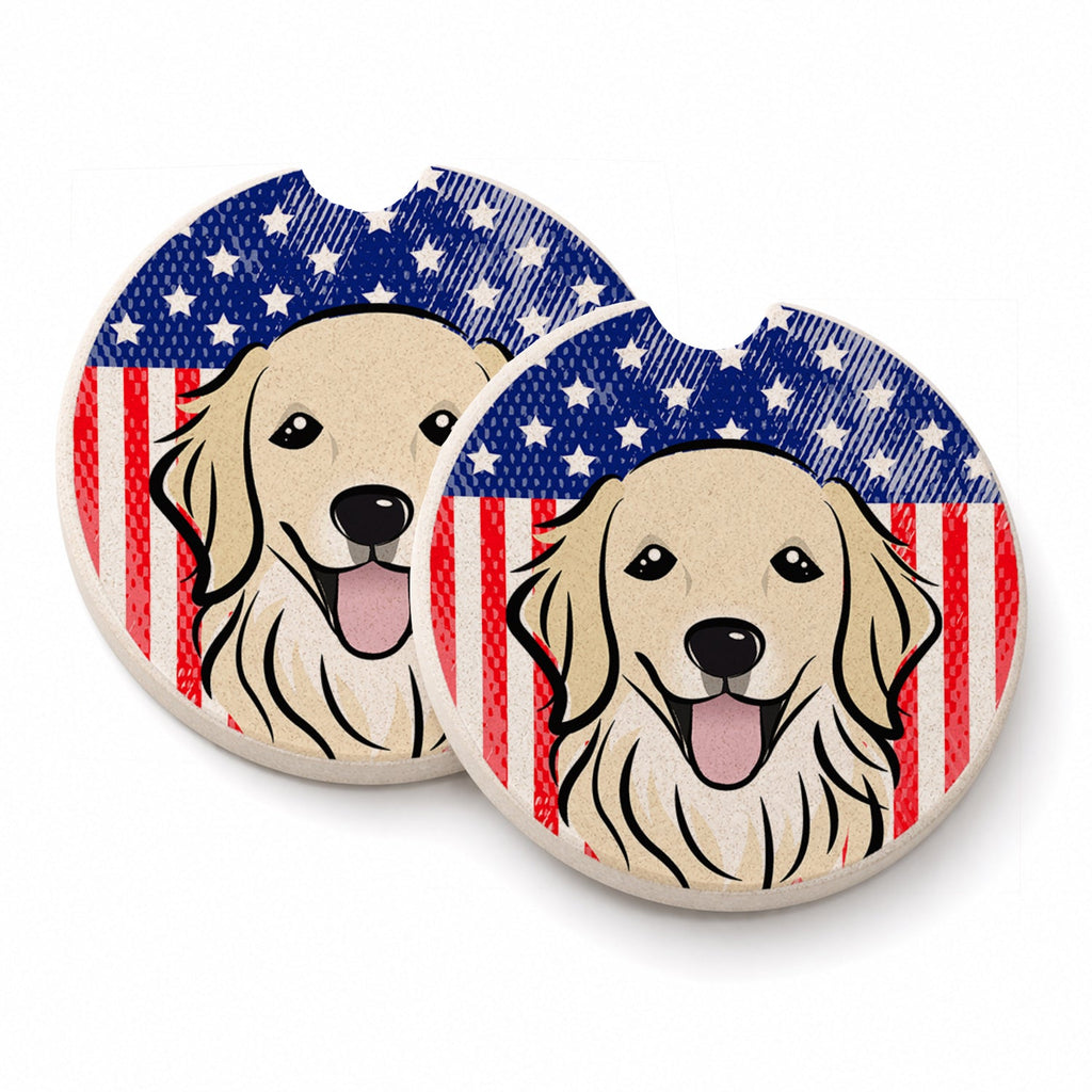 American Flag and Golden Retriever Set of 2 Cup Holder Car Coasters Absorbent Round Sandstone Coasters Gifts for Men or Women, 2.5, Multicolor