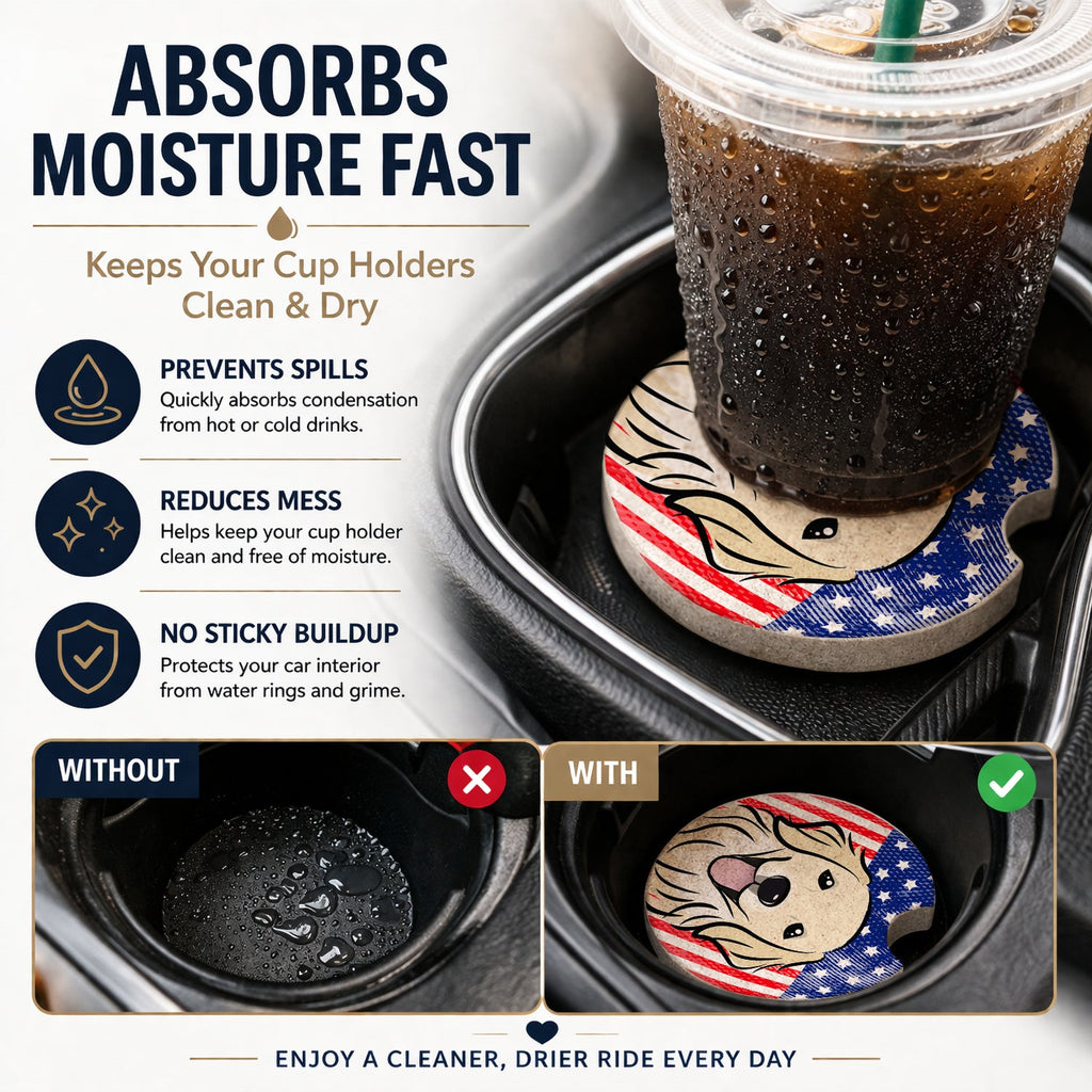 American Flag and Golden Retriever Set of 2 Cup Holder Car Coasters Absorbent Round Sandstone Coasters Gifts for Men or Women, 2.5, Multicolor