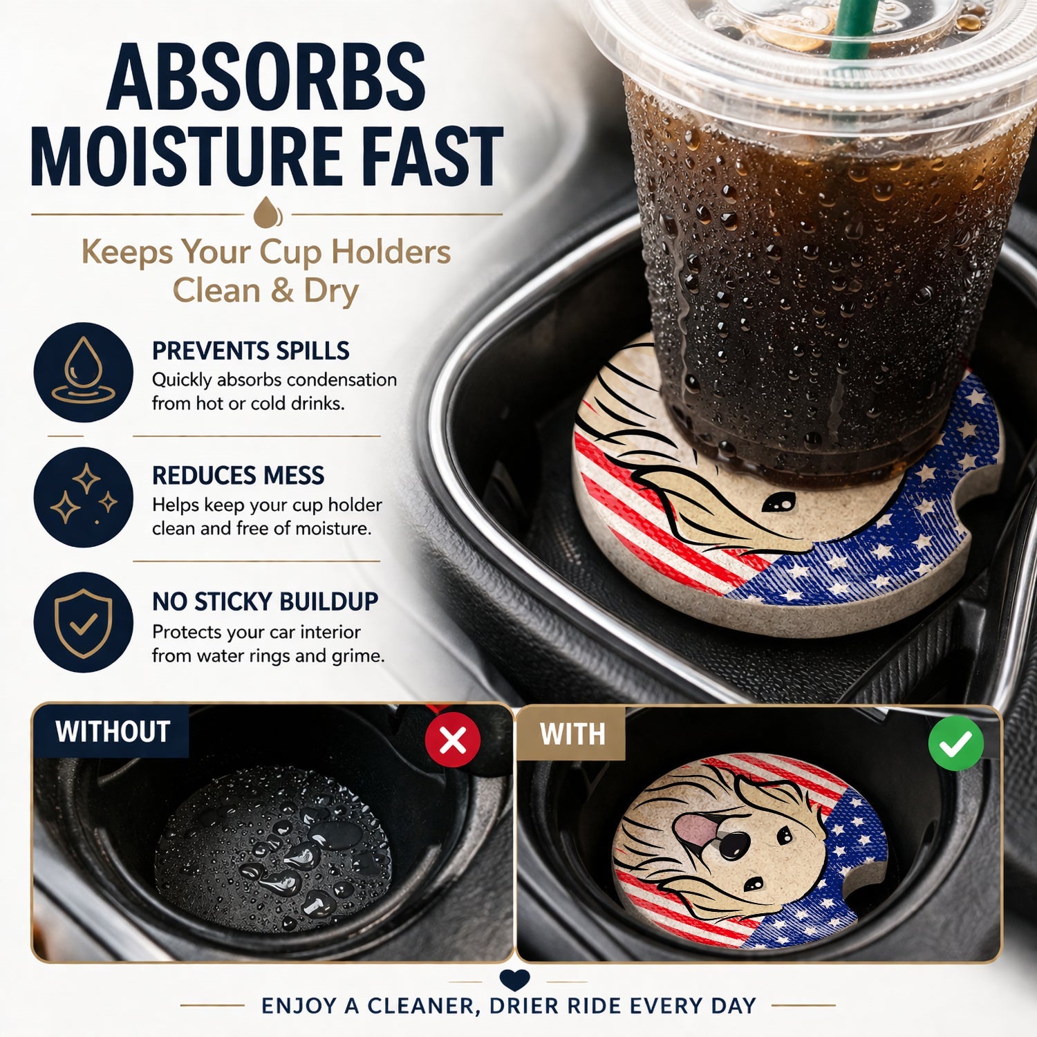 American Flag and Golden Retriever Set of 2 Cup Holder Car Coasters Absorbent Round Sandstone Coasters Gifts for Men or Women, 2.5, Multicolor