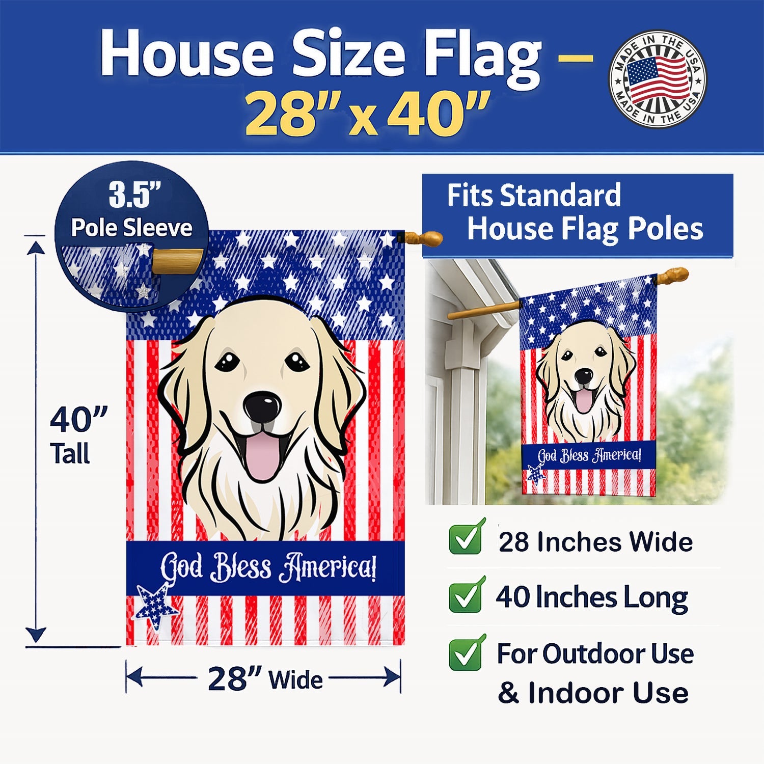 American Flag and Golden Retriever House Flag 28x40 Porch Sleeve Pole Decorative Outside Yard Banner Artwork Wall Hanging, Polyester