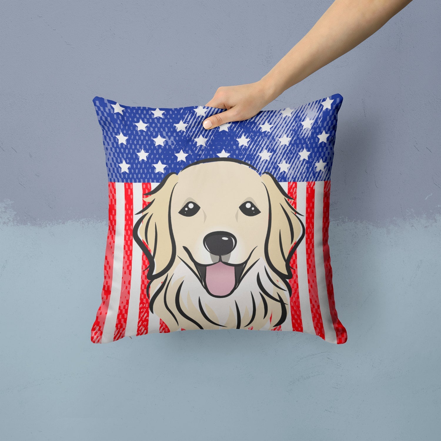American Flag and Golden Retriever Decorative Throw Pillow 14x14 Indoor Outdoor Accent Cushion, Fabric Cover with Insert for Sofa, Bed, Porch & Living Room