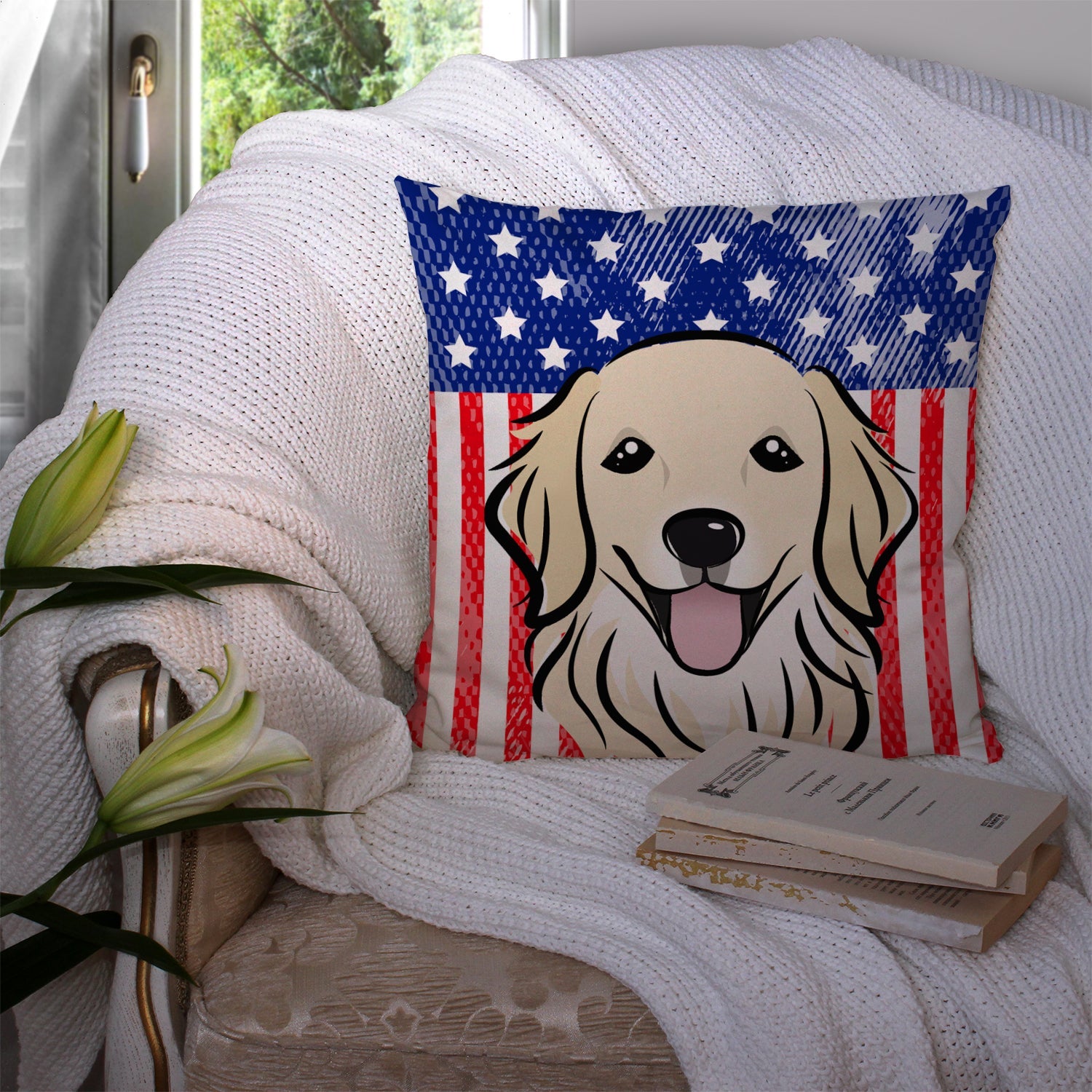 American Flag and Golden Retriever Decorative Throw Pillow 14x14 Indoor Outdoor Accent Cushion, Fabric Cover with Insert for Sofa, Bed, Porch & Living Room
