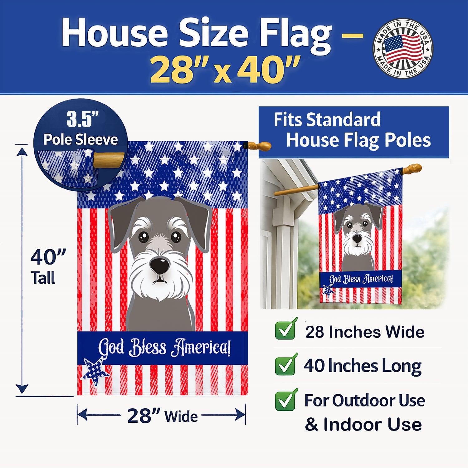 American Flag and Schnauzer House Flag 28x40 Porch Sleeve Pole Decorative Outside Yard Banner Artwork Wall Hanging, Polyester