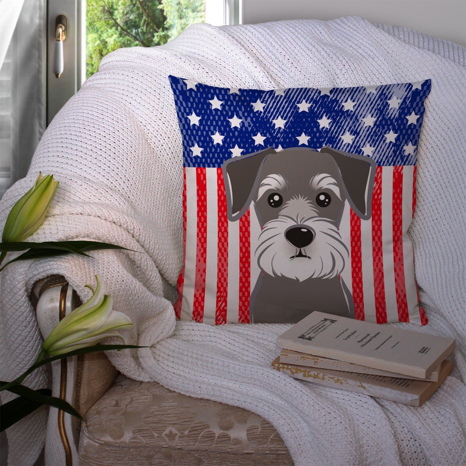 American Flag and Schnauzer Decorative Throw Pillow 14x14 Indoor Outdoor Accent Cushion, Fabric Cover with Insert for Sofa, Bed, Porch & Living Room