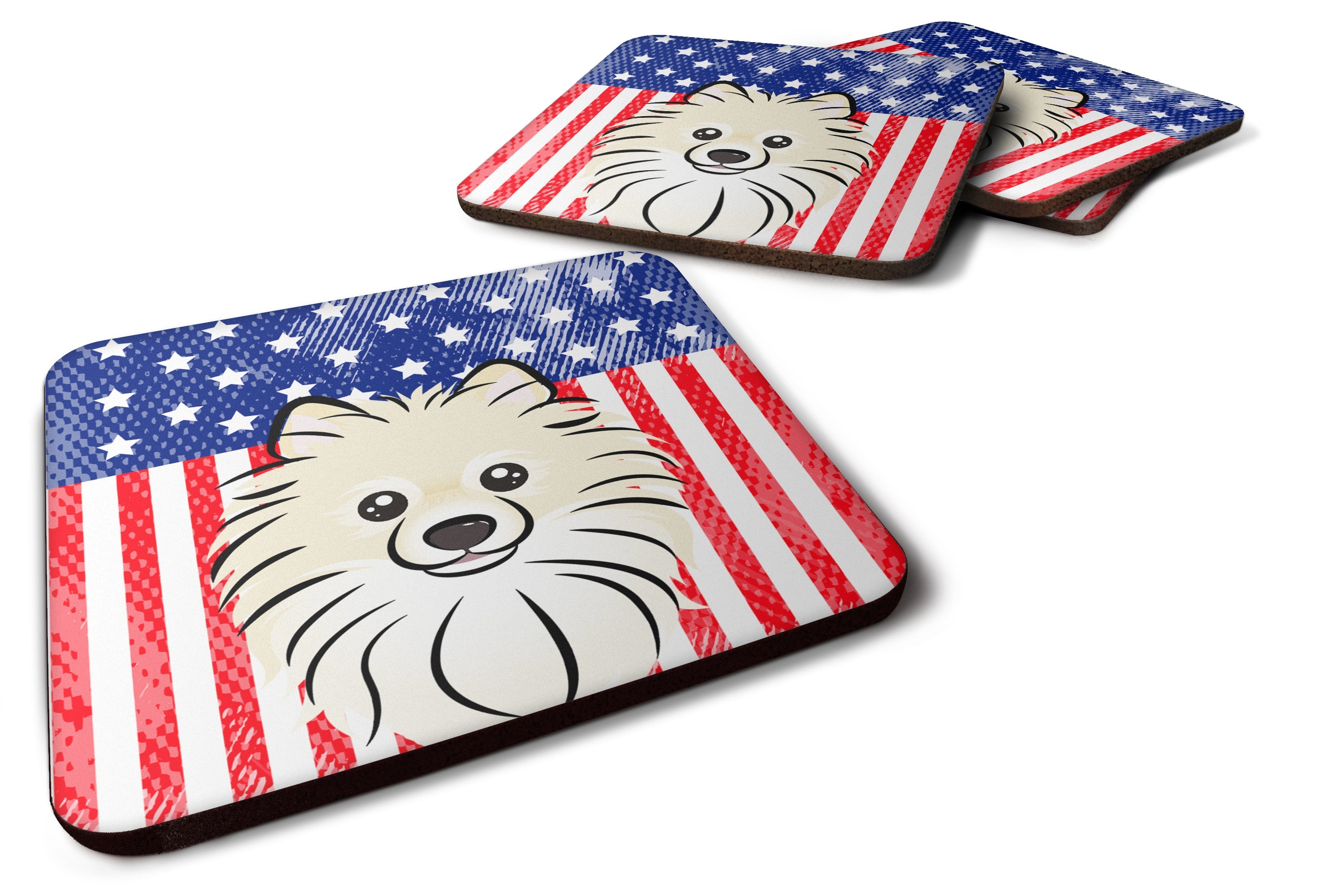 American Flag and Pomeranian Foam Coasters Set of 4 Cup Coasters for Indoor Outdoor, Tabletop Protection, Anti Slip, Mouse pad Material
