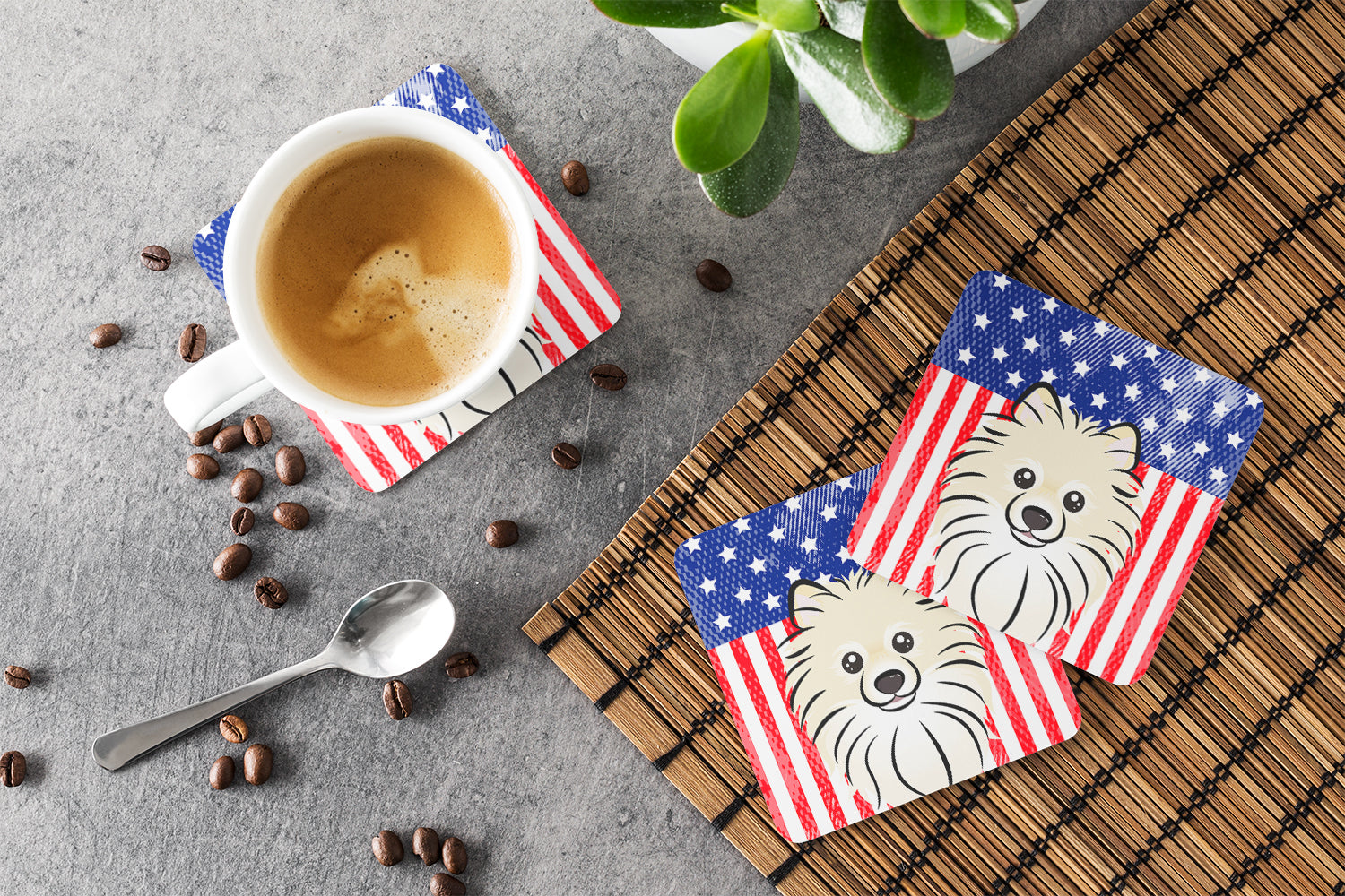 American Flag and Pomeranian Foam Coasters Set of 4 Cup Coasters for Indoor Outdoor, Tabletop Protection, Anti Slip, Mouse pad Material